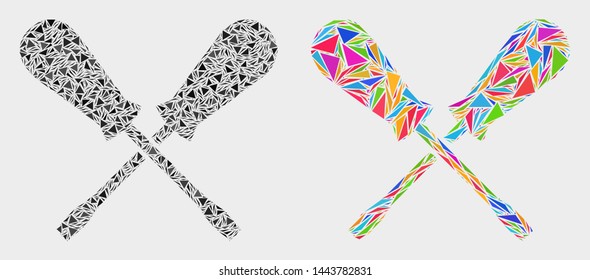 Crossing screwdrivers mosaic icon of triangle items which have different sizes and shapes and colors. Geometric abstract vector design concept of crossing screwdrivers.