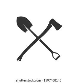 Crossing shovel and axe vector icon isolated on white. 