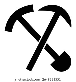 Ícone de picareta cruzada. Ícone de símbolo de mineração preto isolado em fundo branco. Pá cruzada e picareta vetor ilustração silhueta símbolo site logotipo projeto. Ilustração vetorial.