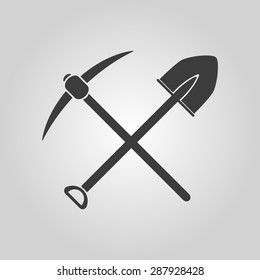 The crossing spade pickax icon. Pickax and excavation, digging, mining symbol. Flat Vector illustration