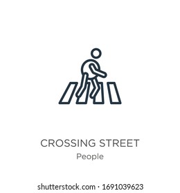 Crossing street icon. Thin linear crossing street outline icon isolated on white background from people collection. Line vector sign, symbol for web and mobile