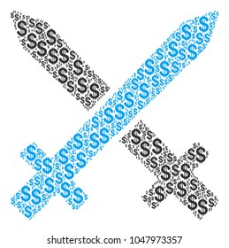 Crossing Swords composition of american dollars. Vector dollar icons are organized into crossing swords illustration.