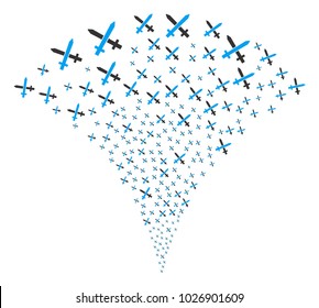 Crossing Swords explosion fountain. Vector illustration style is flat iconic symbols. Object fountain combined from random icons as crossing swords fireworks.