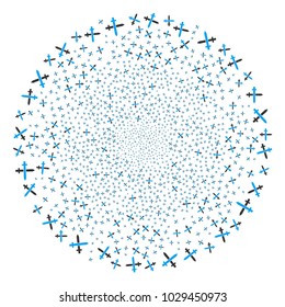 Crossing Swords explosion globula. Object pattern created from scattered crossing swords symbols as explosion cluster. Vector illustration style is flat iconic symbols.