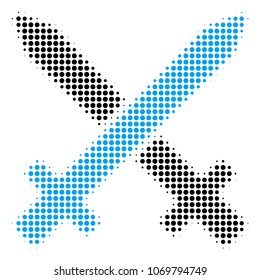 Crossing Swords halftone vector pictogram. Illustration style is dotted iconic Crossing Swords icon symbol on a white background. Halftone texture is round items.
