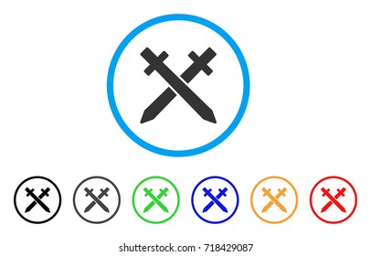 Crossing Swords rounded icon. Style is a flat crossing swords gray symbol inside light blue circle with black, gray, green, blue, red, orange versions. Vector designed for web and software interfaces.