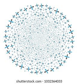 Crossing Swords spiral cluster. Element centrifugal explosion created from randomized crossing swords symbols. Vector illustration style is flat iconic symbols.