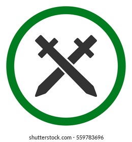 Crossing Swords vector bicolor rounded icon. Image style is a flat icon symbol inside a circle, green and gray colors, white background.