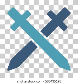 Crossing Swords vector icon. Illustration style is flat iconic bicolor cyan and blue symbol on a transparent background.