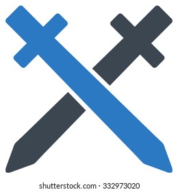 Crossing Swords vector icon. Style is bicolor flat symbol, smooth blue colors, rounded angles, white background.