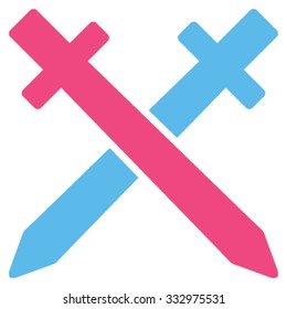 Crossing Swords vector icon. Style is bicolor flat symbol, pink and blue colors, rounded angles, white background.