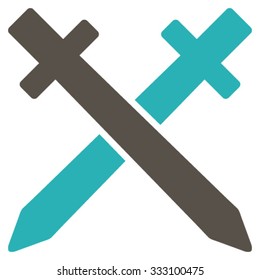 Crossing Swords vector icon. Style is bicolor flat symbol, grey and cyan colors, rounded angles, white background.