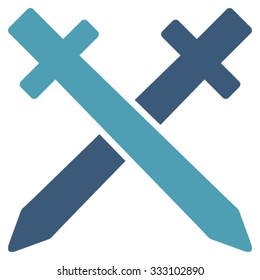 Crossing Swords vector icon. Style is bicolor flat symbol, cyan and blue colors, rounded angles, white background.