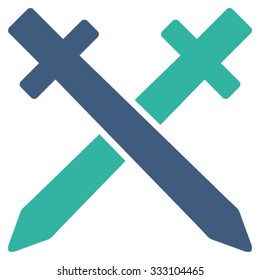 Crossing Swords vector icon. Style is bicolor flat symbol, cobalt and cyan colors, rounded angles, white background.
