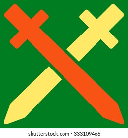 Crossing Swords vector icon. Style is bicolor flat symbol, orange and yellow colors, rounded angles, green background.