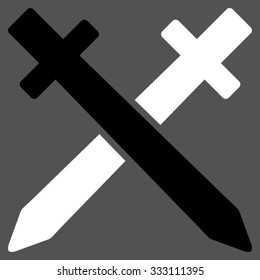 Crossing Swords vector icon. Style is bicolor flat symbol, black and white colors, rounded angles, gray background.