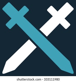 Crossing Swords vector icon. Style is bicolor flat symbol, blue and white colors, rounded angles, dark blue background.