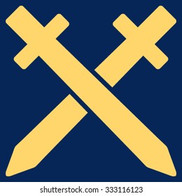 Crossing Swords vector icon. Style is flat symbol, yellow color, rounded angles, blue background.