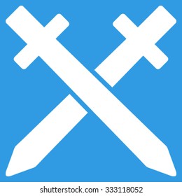 Crossing Swords vector icon. Style is flat symbol, white color, rounded angles, blue background.