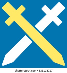 Crossing Swords vector icon. Style is bicolor flat symbol, yellow and white colors, rounded angles, blue background.