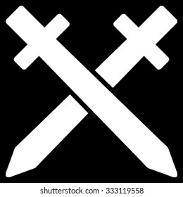 Crossing Swords vector icon. Style is flat symbol, white color, rounded angles, black background.