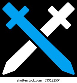 Crossing Swords vector icon. Style is bicolor flat symbol, blue and white colors, rounded angles, black background.