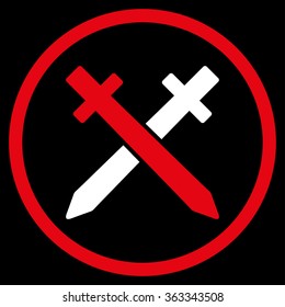 Crossing Swords vector icon. Style is bicolor flat circled symbol, red and white colors, rounded angles, black background.