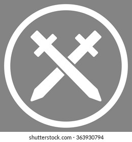 Crossing Swords vector icon. Style is flat circled symbol, white color, rounded angles, gray background.