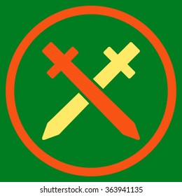 Crossing Swords vector icon. Style is bicolor flat circled symbol, orange and yellow colors, rounded angles, green background.
