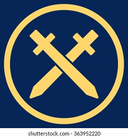 Crossing Swords vector icon. Style is flat circled symbol, yellow color, rounded angles, blue background.