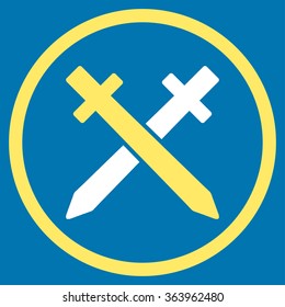 Crossing Swords vector icon. Style is bicolor flat circled symbol, yellow and white colors, rounded angles, blue background.