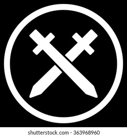 Crossing Swords vector icon. Style is flat circled symbol, white color, rounded angles, black background.