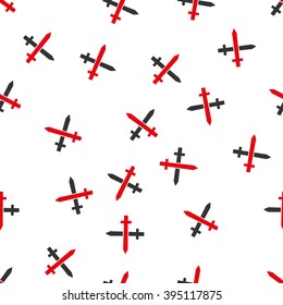 Crossing Swords vector seamless repeatable pattern. Style is flat red and dark gray crossing swords symbols on a white background.