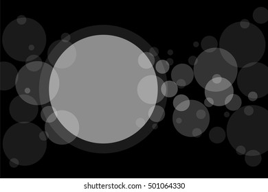 Crossing transparent circles abstract overlay background. White bubbles randomly placed on black and one big circle with room for your text or symbols. Easy editable vector eps10 illustration.