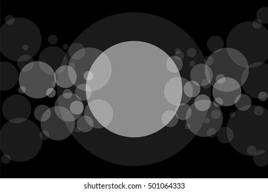 Crossing transparent circles abstract overlay background. White bubbles randomly placed on black and one big circle with room for your text or symbols. Easy editable vector eps10 illustration.