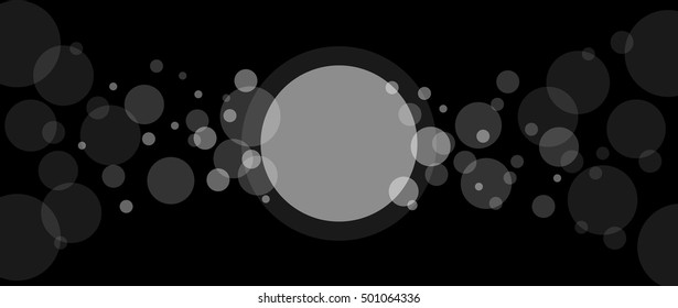 Crossing transparent circles abstract overlay background. White bubbles randomly placed on black and one big circle with room for your text or symbols. Easy editable vector eps10 illustration.