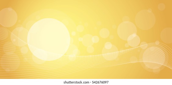 Crossing transparent circles and twisted intertwined curved lines on golden gradient background. Random bubbles and waves placed on gold color banner with room for text. Vector eps10 illustration.