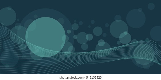 Crossing transparent circles and twisted intertwined curved lines on dark background. Random bubbles and waves placed on deep blue color banner with room for text. Vector eps10 illustration.