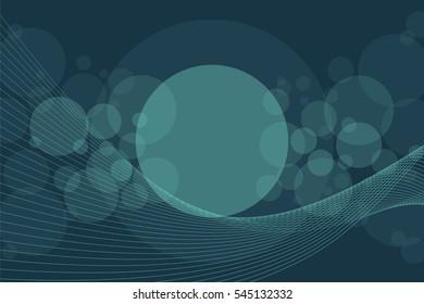 Crossing transparent circles and twisted intertwined curved lines on dark background. Random bubbles and waves placed on deep blue color banner with room for text. Vector eps10 illustration.