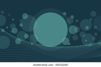 Crossing transparent circles and twisted intertwined curved lines on dark background. Random bubbles and waves placed on deep blue color banner with room for text. Vector eps10 illustration.
