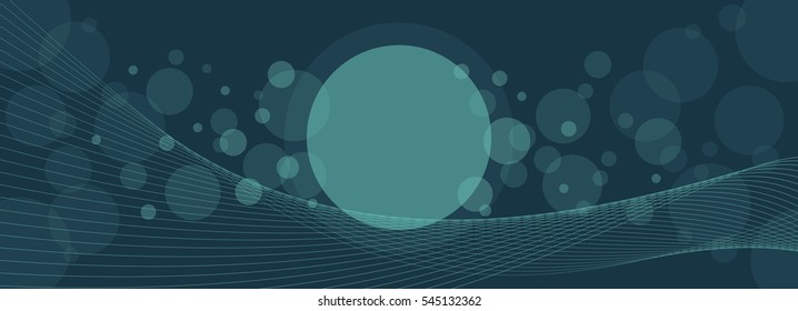 Crossing transparent circles and twisted intertwined curved lines on dark background. Random bubbles and waves placed on deep blue color banner with room for text. Vector eps10 illustration.