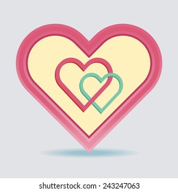 Crossing of two heart inside big one on light grey background