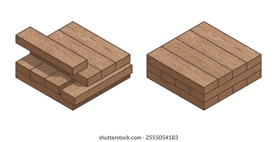 Cross-laminated timber, CLT - engineered wood panel product made from gluing together of solid-sawn lumber cut from a single log. Each layer of boards is oriented perpendicular to adjacent. Colorful