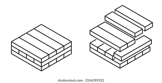 Cross-laminated timber, CLT - engineered wood panel product made from gluing together of solid-sawn lumber cut from a single log. Each layer of boards is oriented perpendicular to adjacent. Icon in