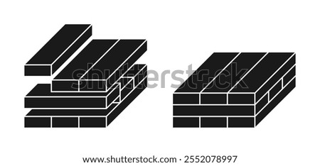 Cross-laminated timber, CLT - engineered wood panel product made from gluing together of solid-sawn lumber cut from a single log. Each layer of boards is oriented perpendicular to adjacent. Monochrome