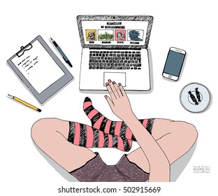 Cross-legged woman working on laptop at home. Legs in socks. Creative job. Freelance. Hand drawn ink vector sketch