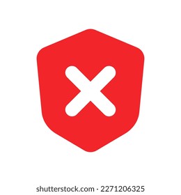 Cross-marked shield icon. Vulnerable security. Vector.