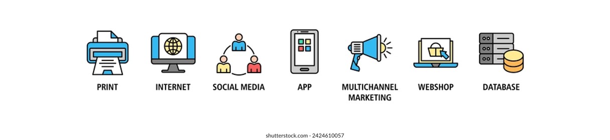 Cross-media banner web icon set vector illustration concept with icon of print, internet, social media, app, multichannel marketing, web shop and database