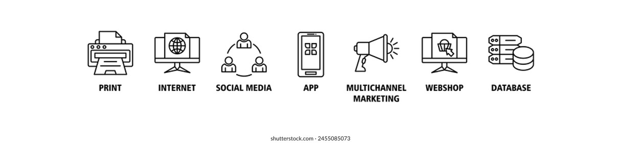 Cross-media banner web icon set vector illustration concept with icon of print, internet, social media, app, multichannel marketing, webshop and database