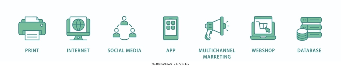 Cross-media banner web icon vector illustration concept with icon of print, internet, social media, app, multichannel marketing, webshop and database